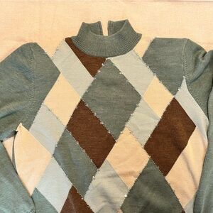 Alfred Dunner wool blend Argyle Patterned Sweater in Green and Brown w/ sequins